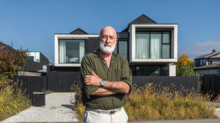 A senior Caucasian man stands confidently in front of a modern off-grid house with large windows. The property features a black fence and a gravel pathway.