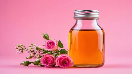 Natural botanical extract in a glass bottle with delicate pink roses and soft background