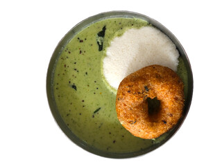 South Indian Breakfast with Idli, Vada and Coconut Chutney in Top View Composition