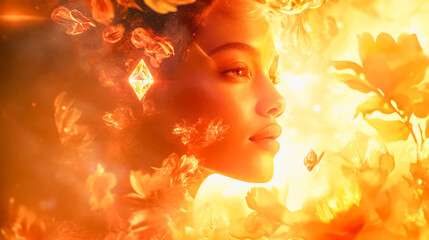 A young woman with dark hair and a serene expression is surrounded by vibrant flowers and glowing light. The scene conveys a sense of beauty and tranquility.