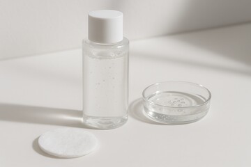 Skincare routine using micellar water with cotton pad and petri dish