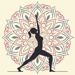 Silhouette of a woman in warrior pose against a detailed and colorful mandala background image art