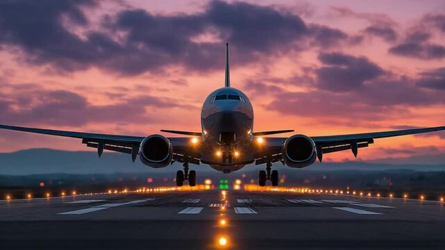 Airplane landing at twilight