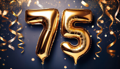 golden number 75 balloons with confetti celebration background for birthdays and anniversaries