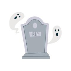 Spooky Halloween vector illustration with a tombstone and two friendly ghosts. Perfect for holiday decorations, greeting cards, party invitations.