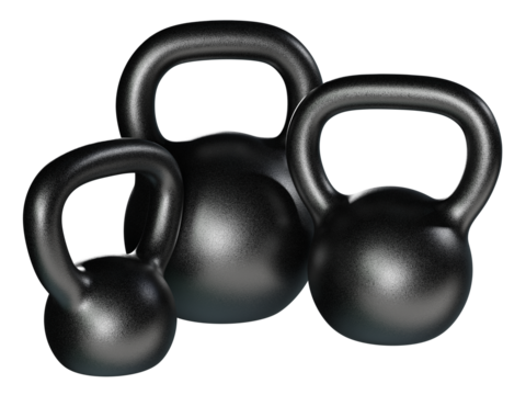 Set of different kettlebells, blank heavy cast iron powerlifting equipment, painted black, isolated on white background. 3D illustration