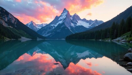 Breathtaking Sunrise Mirror Image Majestic Mountains Reflected in Pristine Alpine Lake