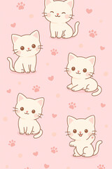 Cute Pink Kitten Phone Wallpaper with Hearts and Paw Prints – Kawaii Cat Background
