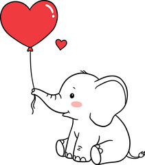 A charming baby elephant holds a red heartshaped balloon, radiating love and sweetness