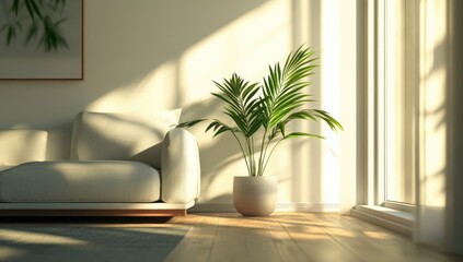 Sunlight streams into a modern living room, highlighting a potted palm plant next to a beige sofa