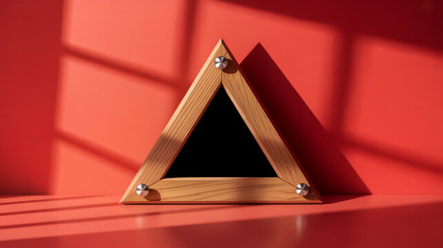 A minimalist geometric design featuring a wooden triangle frame with a black triangular cutout in its center, creating a negative space effect. - Powered by Adobe