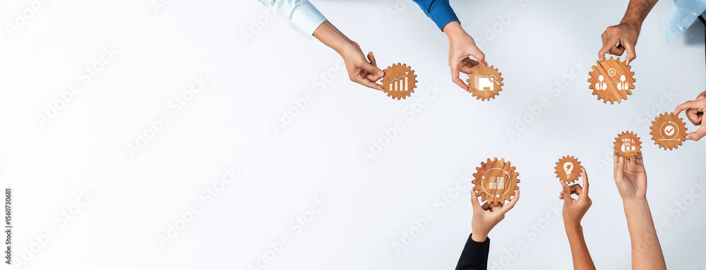 Aufkleber a dynamic scene showcasing diverse hands holding various gear symbols, representing teamwork and col