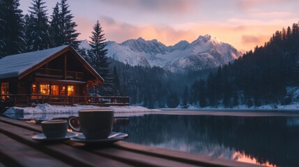 Fototapeta premium Delicious cappuccino in a coffeshop terrece overlooking acozy wooden cabin next to lake at dusk, with snow-covered mountains in the background