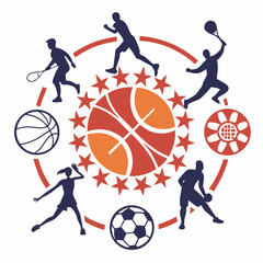 Illustration showcasing various sports with athletes and equipment arranged in a circular design format
