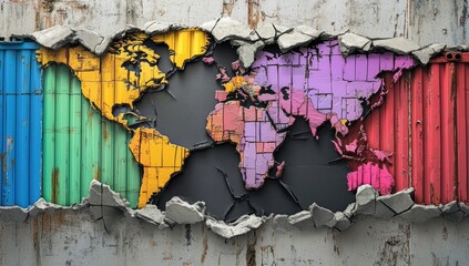 World map fractured by a wall of shipping containers