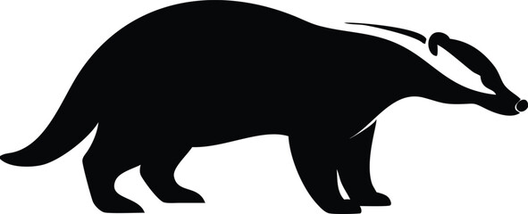 Black and white silhouette of a badger in profile walking on white background