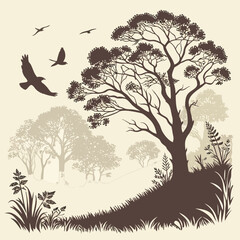 Silhouette landscape with large tree birds and distant trees in a foggy or misty environment view