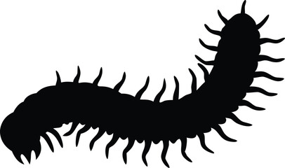 Black silhouette illustration of a centipede crawling on a white background design