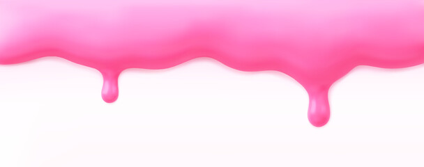 Pink dripping yogurt or cake icing, melting ice cream border isolated on white background. Render of realistic liquid texture strawberry or raspberry topping, glaze, slime, nail polish. 3D vector