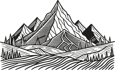 Obraz premium Line Art Style Mountain Landscape – Minimalist Vector Illustration Featuring Mountain Peaks, Hills, Nature Scenery, Outdoor Adventure, and Scenic Views in Clean Line Drawing