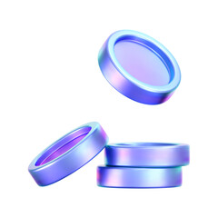 3D holographic coin stack with purple neon effect, isolated on a white background. Render of iridescent chrome coin pile, game token, casino chip, digital currency, or treasure. 3D vector illustration