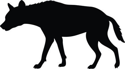 Silhouette illustration depicting a walking spotted hyena animal in black and white