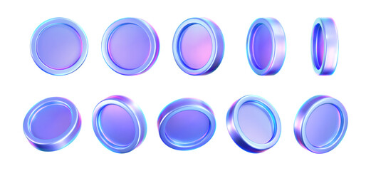 Obraz na płótnie Canvas 3D holographic coin icon with purple neon effect, isolated on dark background. Iridescent chrome coin render, game token, casino chip, digital currency, or holo reward medal. 3D vector illustration