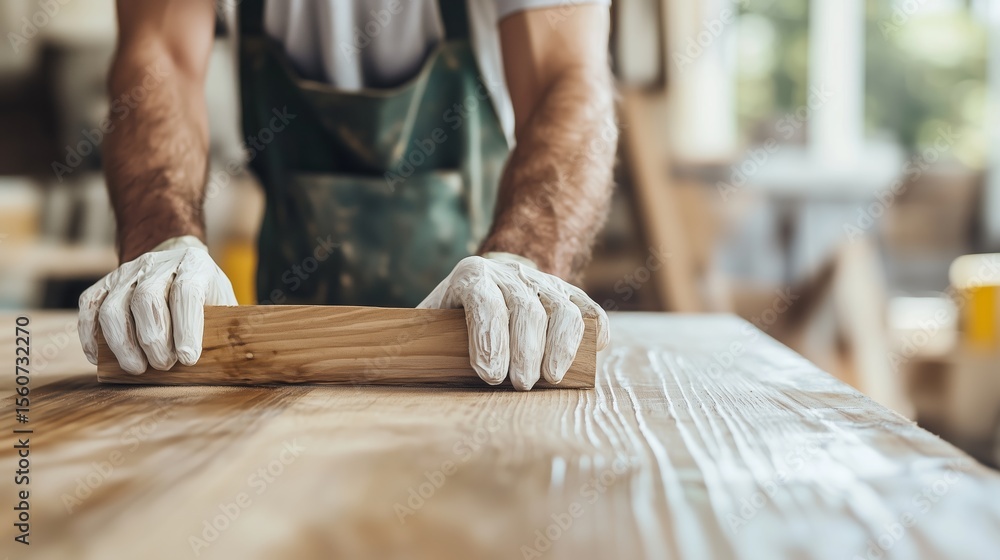 Aufkleber crafting a wooden piece in a busy workshop during the day using precise woodworking techniques and c