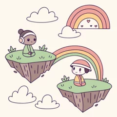 Two characters on floating islands connected by a rainbow in a whimsical cloudscape scene