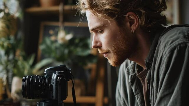 side profile shot of content creator setting up camera on tripod