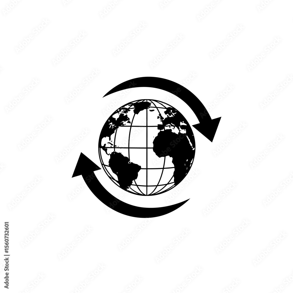 Poster a black and white globe with arrows rotating around it isolated on white background