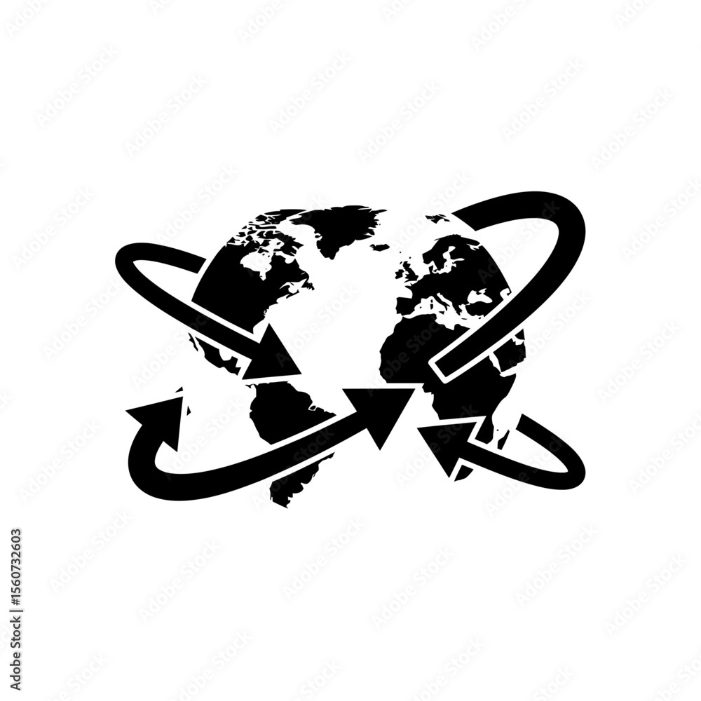 Poster a black and white globe with three arrows rotating around it isolated on white background