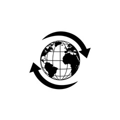 A black and white globe with arrows rotating around it isolated on white background