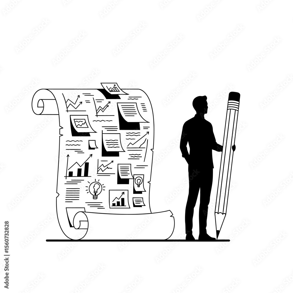 Poster a man with a large pencil standing next to a scroll filled with charts and graphs, isolated on white