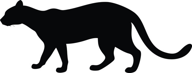Silhouette of a powerful black panther walking across a white background