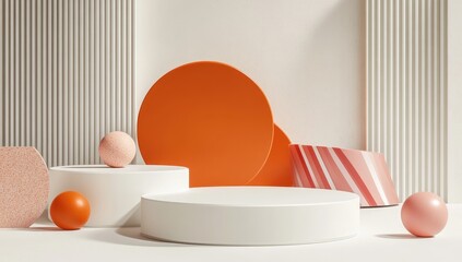 Minimalist, geometric display with orange and pink accents on white background