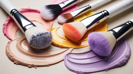 Assorted makeup brushes with colorful cosmetic pastes foundation