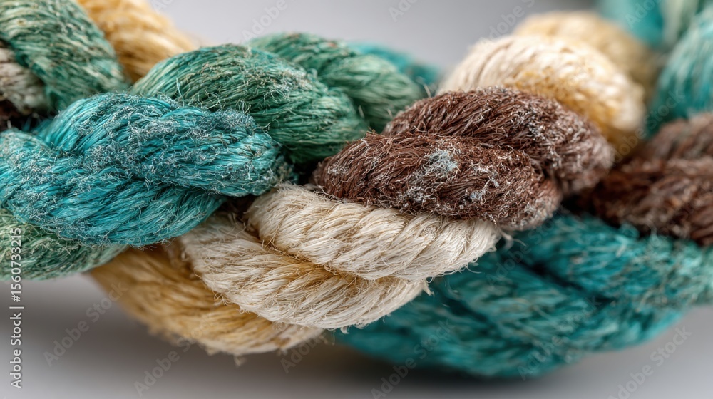 Poster a close-up view of a braided rope combining multiple colors including turquoise, beige, and brown. t