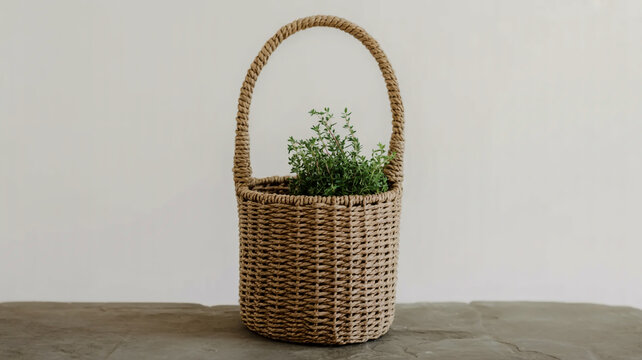 A minimalist photograph of a woven jute basket planter with a twisted rope handle, positioned on a gray stone surface against a plain white background.