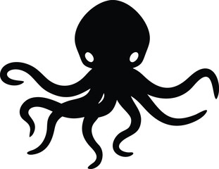 Simple black and white silhouette illustration of a playful octopus with curved tentacles