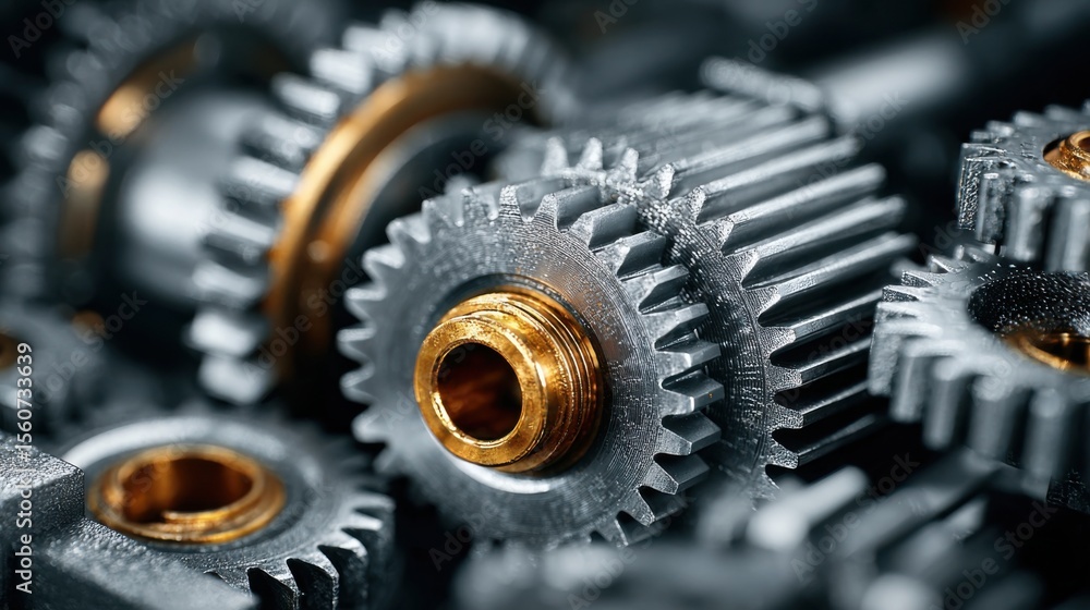 Poster various metallic gears in a close-up view display intricate details and textures. the combination of