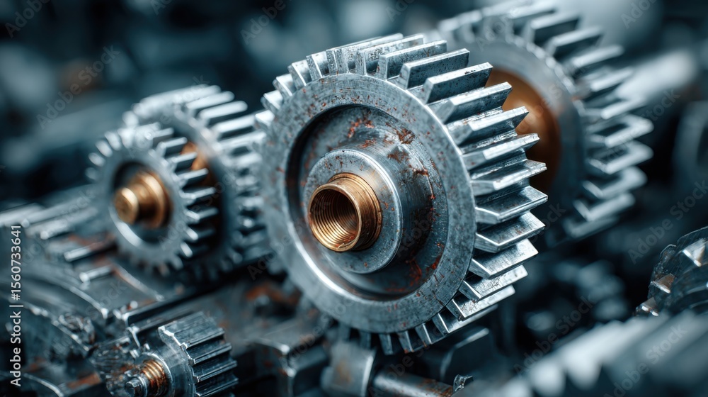 Poster detailed metallic gears exhibit fine craftsmanship and wear in a mechanical workshop environment. th