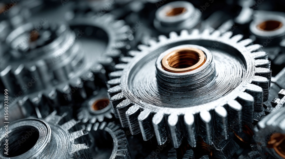 Poster intricate arrangement of metallic gears showcases the precision involved in machinery. the various s