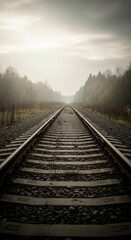Fototapeta premium Foggy Railway Tracks Through Forest. Railway tracks stretch forward into fog through a quiet autumn forest. 