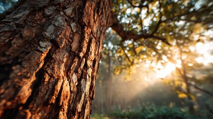 Fototapeta premium Warm sunlight streams through leaves, illuminating the textured bark of a tree in a peaceful forest. The scene captures the beauty of nature at dawn, inviting serenity.