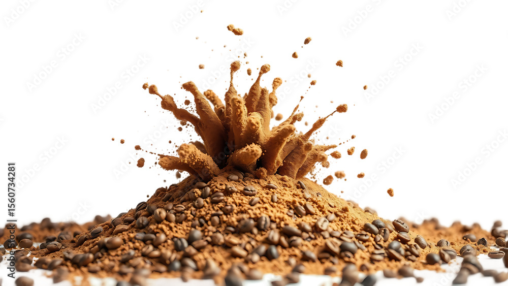 Poster explosion splash of ground coffee or cocoa powder with freeze isolated on background pile of splatte