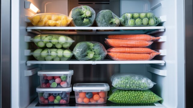 A well stocked refrigerator showcasing fresh vegetables and frozen berries promoting healthy eating and meal prep - Powered by Adobe