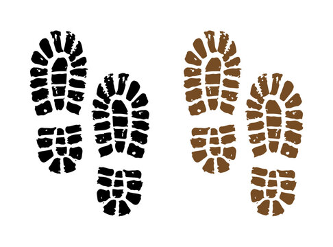 Two pairs of boot footprints, one black and one brown, on white background