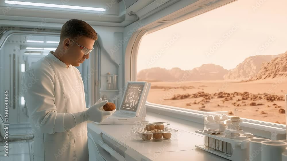 Poster young scientist in white uniform examines spherical object in sterile mars research station. digital