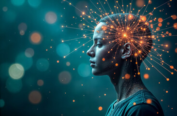 Creative expression and inspiration visualized through abstract lights around a person's head captured in a serene environment